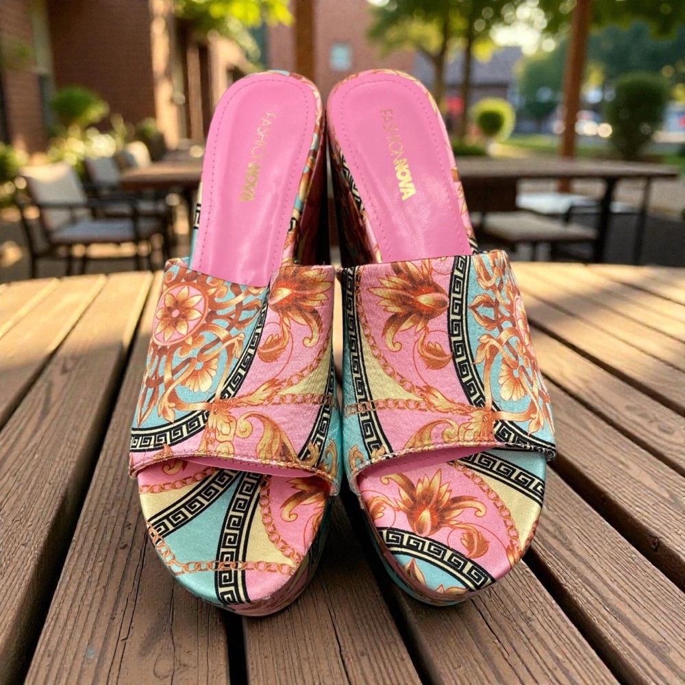 Colorful Pink Patterned Slide Heels by